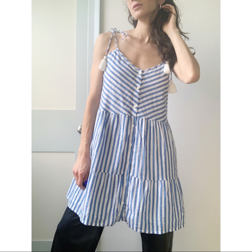 Sezane Felicie Dress in Ecru Blue Silver Tiered Button Down Tassel Tie Size 6